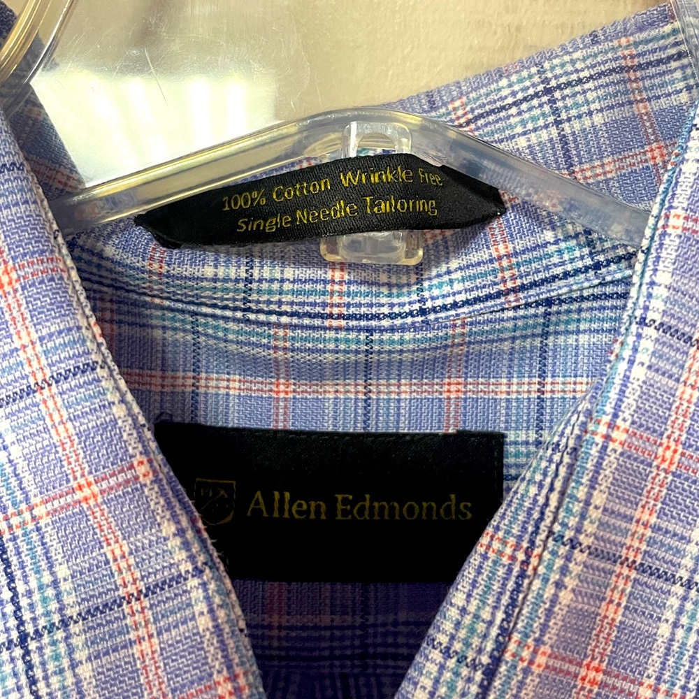 Allen Edmonds Blue White Red Plaid 100% Cotton Button Down Shirt Sz L - Picture 3 of 4